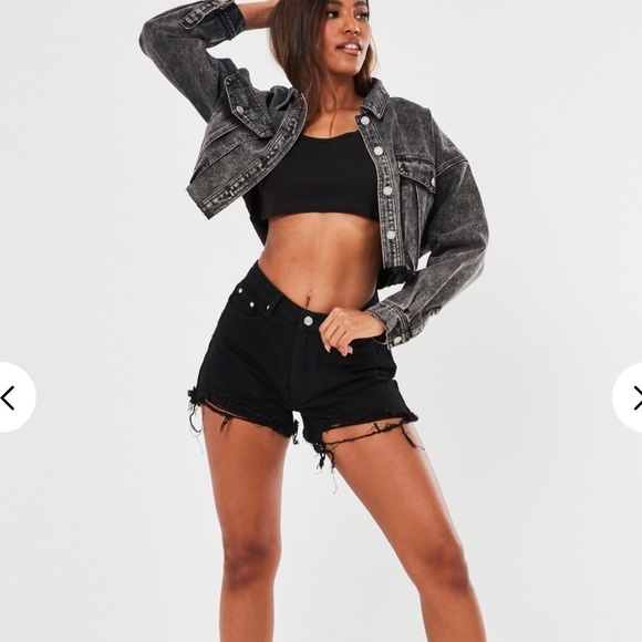 Black Extreme Ripped Hem High Waist Denim Shorts - Picture 2 of 5